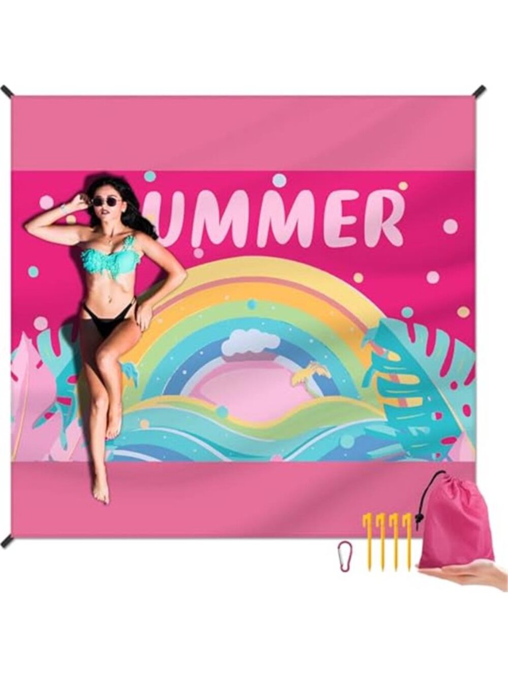 Beach Blanket Waterproof Sandproof Large Mat 79x83 Camping Travel Pink Stakes